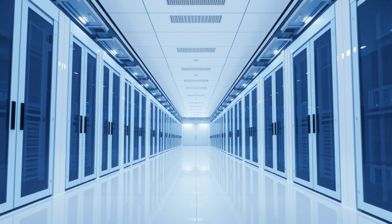 A bright, liquid-cooled AI data center hall in cool blue and white